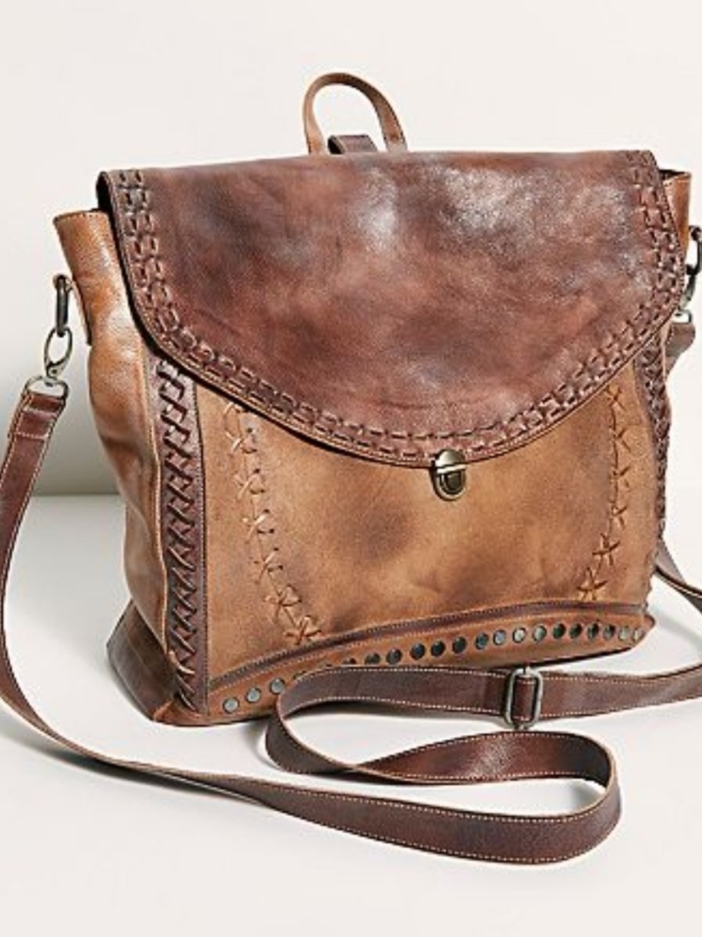 Bed Stu Two-Tone Brown Leather Crossbody with Handstitched Accents